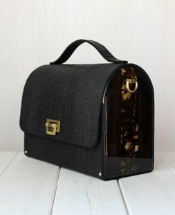 Enlarged black frame bag made of genuine leather with amber DARK AMBER