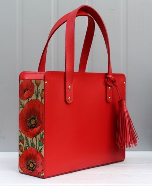 Red Structured Leather Bag with Hand-Painted Poppies GRACE