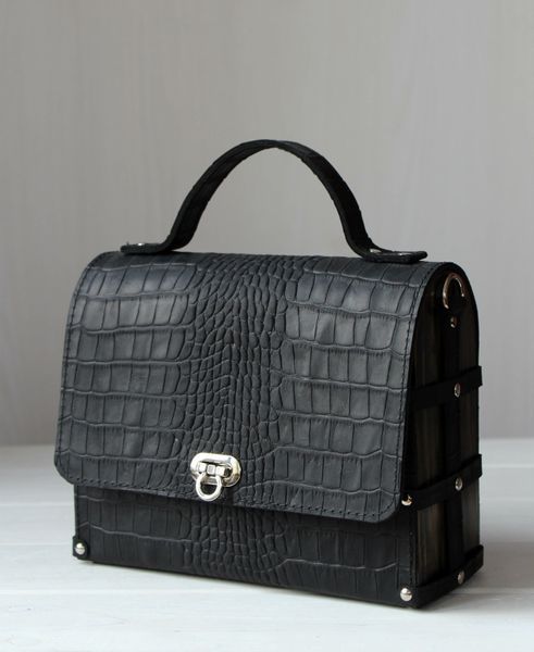 Сумка шкіряна з декорованими шкірою дерев'яними боковинами ELEGANCE BLACK 0035 фото