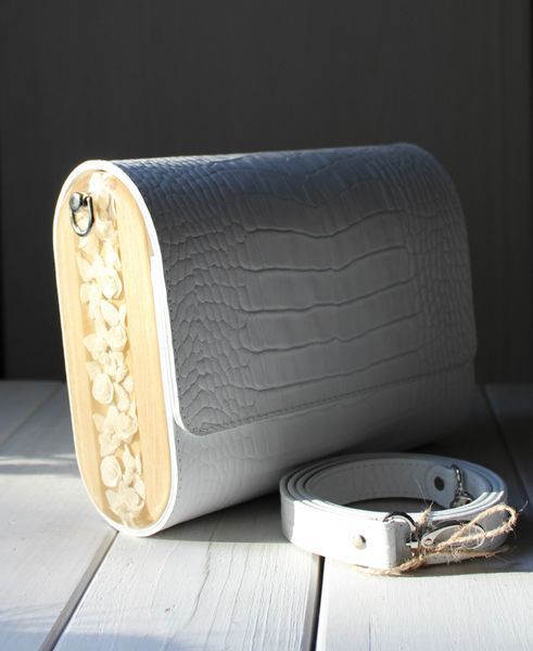 White Leather Clutch Bag with Wooden Sides and Cold Porcelain Roses WHITE ROSES