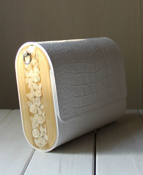 White Leather Clutch Bag with Wooden Sides and Cold Porcelain Roses WHITE ROSES